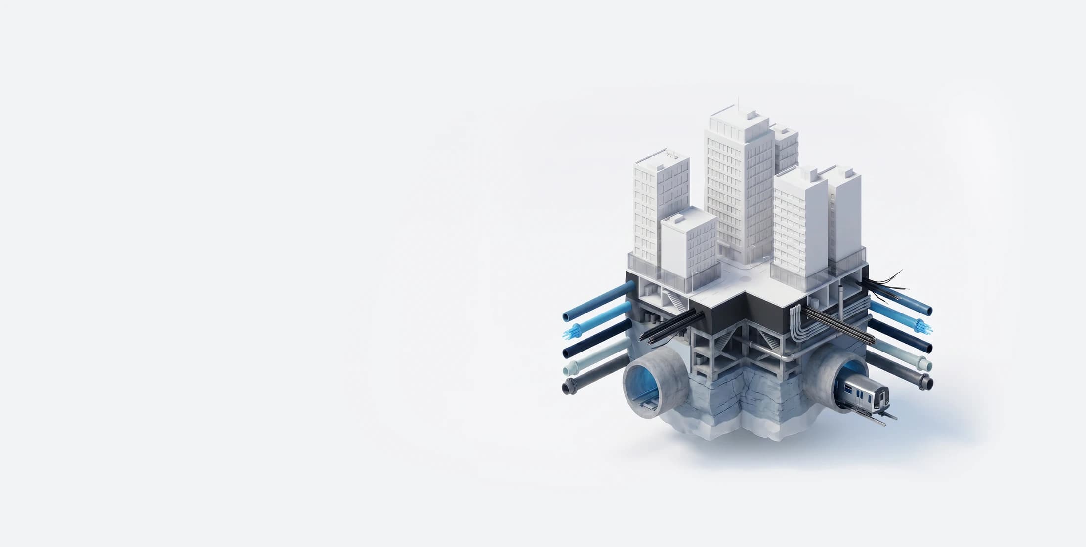 Isometric 3D cutaway of a city block above an underground utility and infrastructure scan